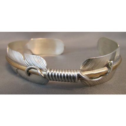 VINTAGE 12K-Sterling Silver Feather Cuff Bracelet Navajo Signed ETSITTY 16.5g