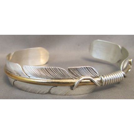 VINTAGE 12K-Sterling Silver Feather Cuff Bracelet Navajo Signed ETSITTY 16.5g