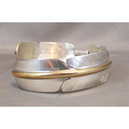 VINTAGE 12K-Sterling Silver Feather Cuff Bracelet Navajo Signed ETSITTY 16.5g