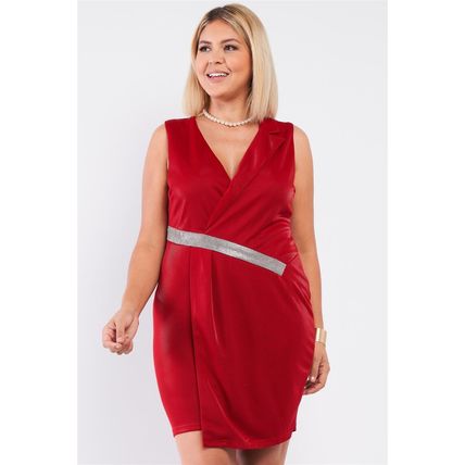 Sleeveless V-neck Asymmetrical Wrap Rhinestones Detail Fitted Mini Blazer Dress