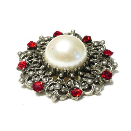 VINTAGE Pewter Ornate Scroll Frame Red Rhinestone & Faux Pearl Cabochon BROOCH