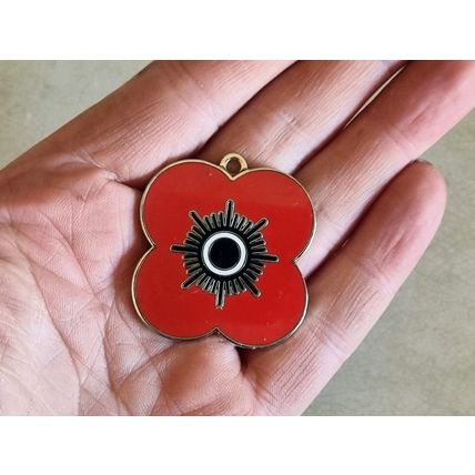 Large Red Flower Pendant, Metal Enamel Poppy