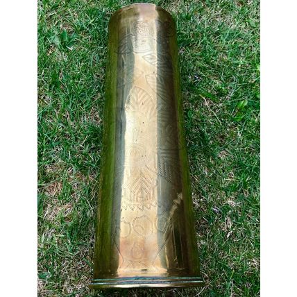 World War One trench Art vase brass shell has floral decoration dated 1916 1917