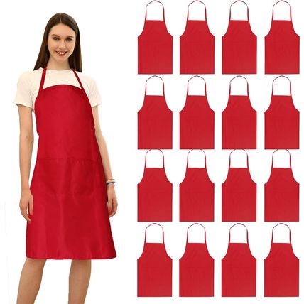 16 Pack Red Bib Plain Aprons Bulk for Women Men Adult with 2 Pockets-Chef Cookin