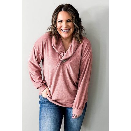 Pink Plus Size Long Sleeve V-Neck Buttoned Top