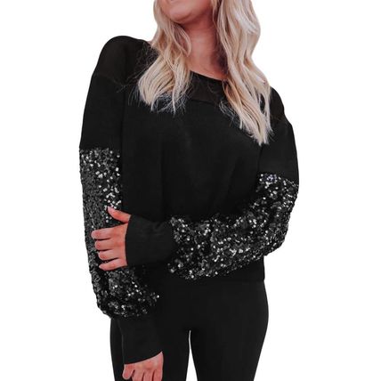 Black Sequin Patchwork Lantern Sleeve Blouse