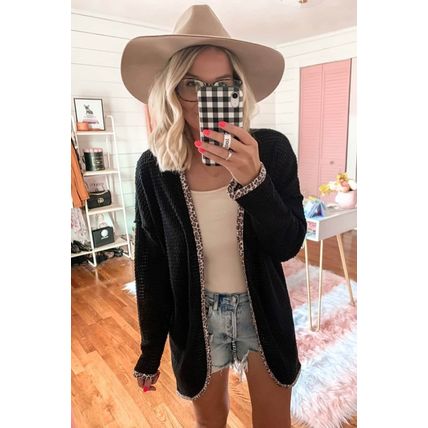Black Leopard Contrast Waffle Knit Open Front Cardigan