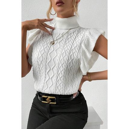 White Turtle Neck Short Sleeve Cable Knit Ruffled Sweater