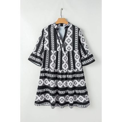 Black Geometric Print V Neck Ruffled Dress