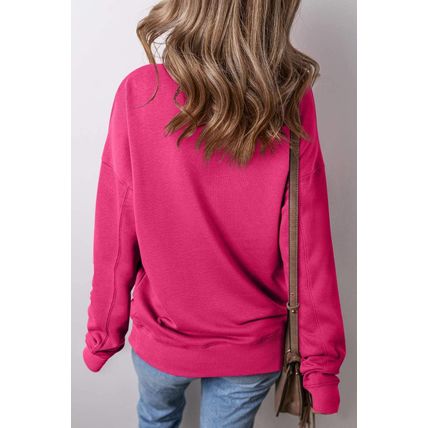 Rose Red Drop Shoulder Crisscross Stitching Pocketed Loose Sweatshirt