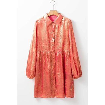 Peach Blossom Metallic Sheen Puff Sleeve Button Up Mini Shirt Dress