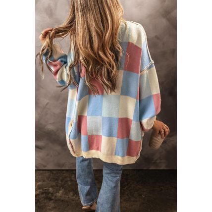 Light Blue Checkered Drop Shoulder Exposed Seam Open Front Cardigan