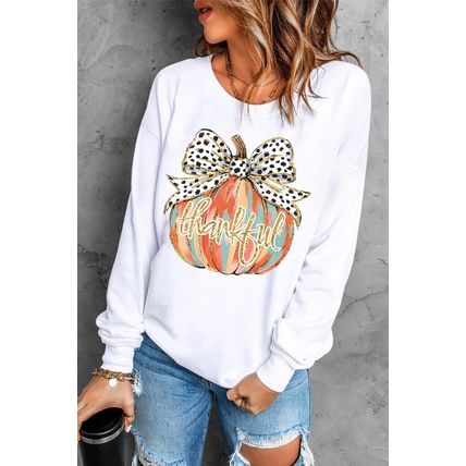 Beige Polka Dot Bow Knot Pumpkin Print Thanksgiving Sweatshirt