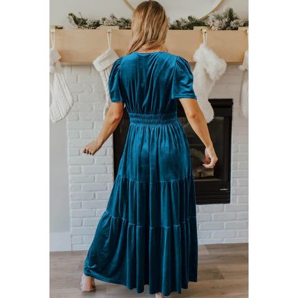 Prussian Blue Velvet Short Sleeve Shirred Waist Tiered Maxi Dress