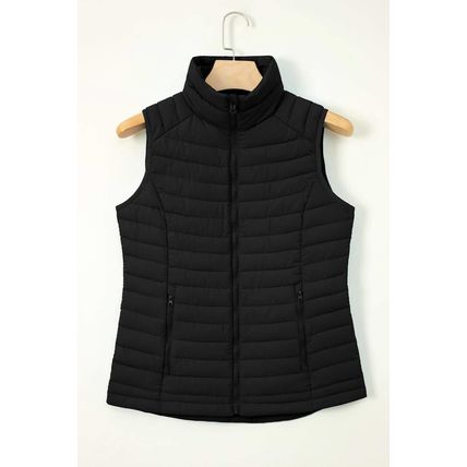 Black Plush Collared Quilted Zipped Puffer Vest