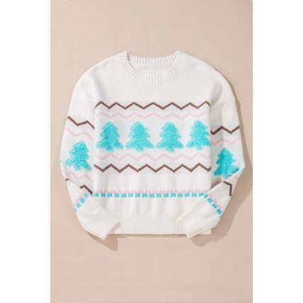 White Striped Christmas Tree Ribbed Trim Drop Shoulder Sweater