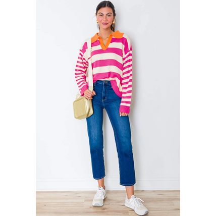 Rose Stripe Color Block Collared V Neck Drop Shoulder Sweater