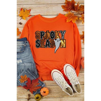 Russet Orange Sequin SPOOKY SEASON Ghost Pattern Halloween Pullover Sweatshirt