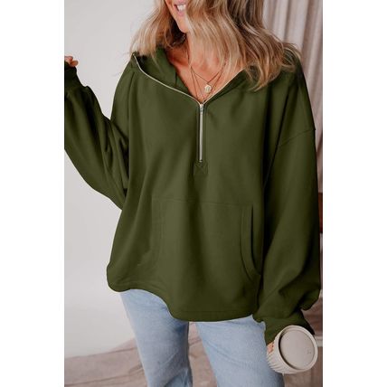 Moss Green Fleece Lined Half Zipper Kangaroo Pockets Loose Hoodie