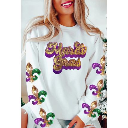 Beige Sequin Mardi Gras Patched Pattern Fleur de Lis Sleeve Sweatshirt