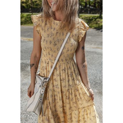 Yellow Boho Floral Print Ruffle Smocked Flowy Summer Dress