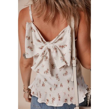 White Floral Pleated Big Bow Back Spaghetti Straps Tank Top