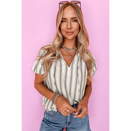 Gray Stripe Frilled Tie Neck Short Sleeve Blouse