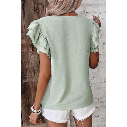 Clearly Aqua Solid Color Ruffled Short Sleeve Casual Blouse