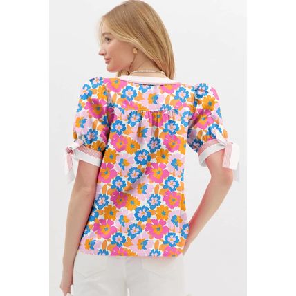 White Floral Colorblock Striped Edge V Neck Knotted Short Sleeve Blouse