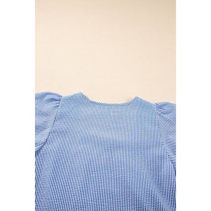 Sky Blue Stripe Textured Ruffle Short Sleeve Boho Detail Square Neck Blouse