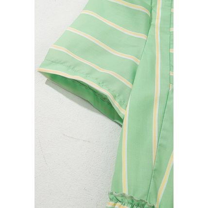 Green Stripe V Neck Short Sleeve Frilled Detail A-line Dress