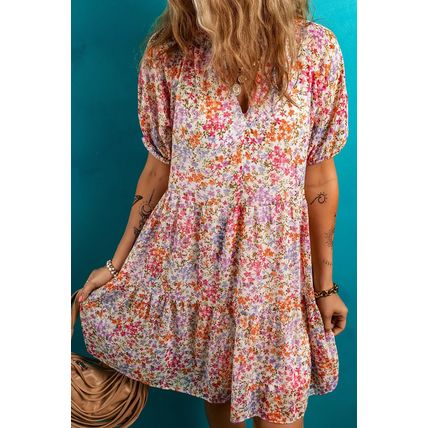 Red Floral Puff Sleeve Notched V Neck Tiered Mini Dress