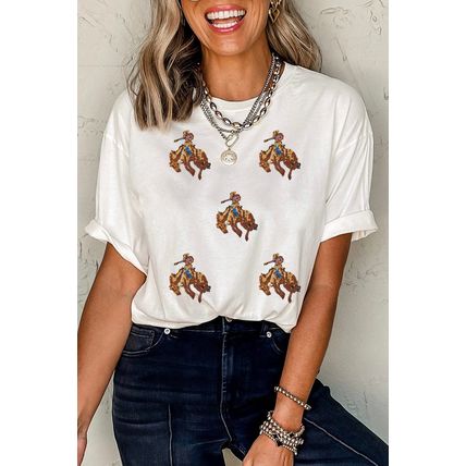 White Rodeo Patched Graphic Casual Round Neck Tee