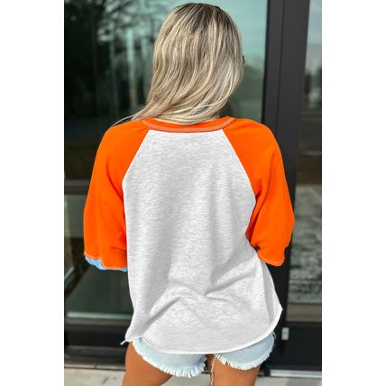 Light Grey Color Block Raglan Sleeve Contrast Stitching Loose Fit Top