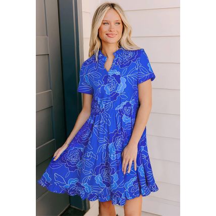 Blue Floral Ruffled Hem V Neck Short Sleeve Flowy Mini Dress