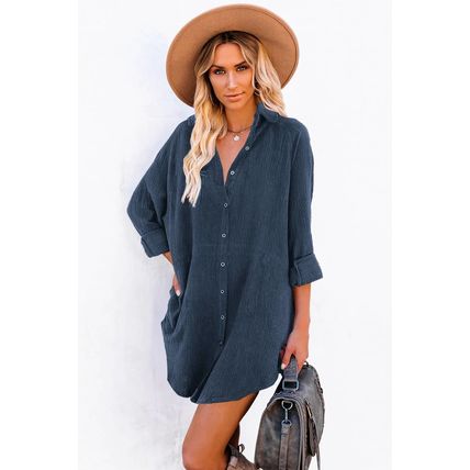 Blue Corduroy Shirt Style Full Button Long Sleeve Shift Mini Dress