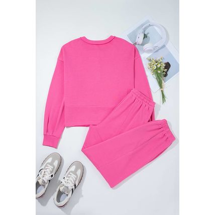 Bright Pink Raw Edge Half Buttons Pullover and Jogger Pants Set