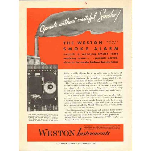 weston electrical instrument co 1936 indicating smoke alarm vintage ad