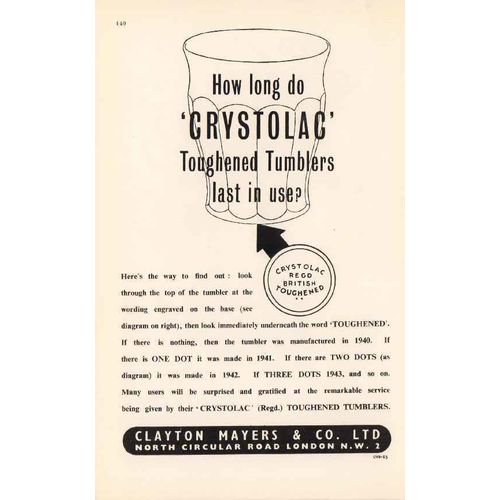 clayton mayers company ltd 1947 crystolac toughened tumbler vintage ad