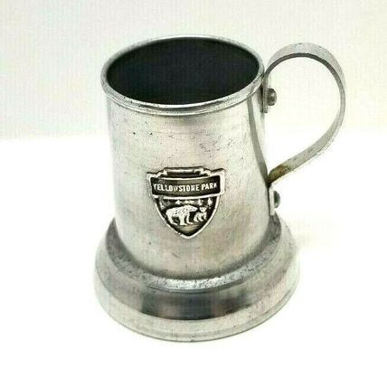 Yellowstone Park Souvenir Aluminum Mini Stein Mug Shot Glass Clear Bottom Vtg