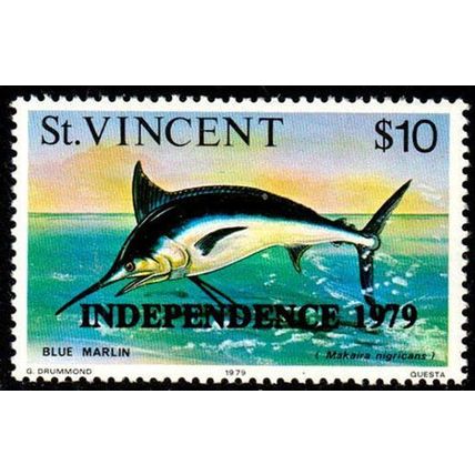 St. Vincent 1979 Fish $10 MNH Stamp INDEPENDENCE 1979 Overprint Blue Marlin