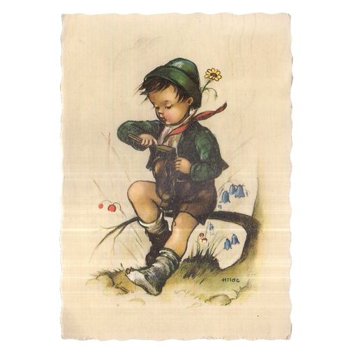 BOY SHOE CLEANING..by Hilde Kruger used postcard 1962 postmark =