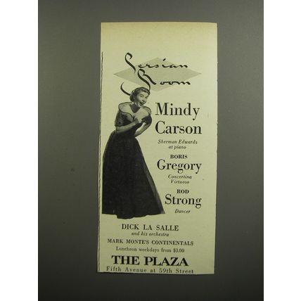 1952 The Plaza Hotel Ad - Persian Room Mindy Carson