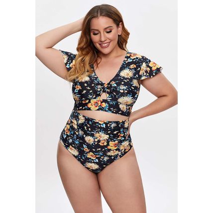 Plus Size Flutter Cap Sleeve Floral High Waist Bikini