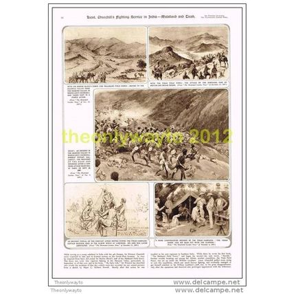 LIEUT. CHURCHILL, FIGHTING SERVICE IN INDIA IN 1890s, BOOK ILLUSTRATION, 1954