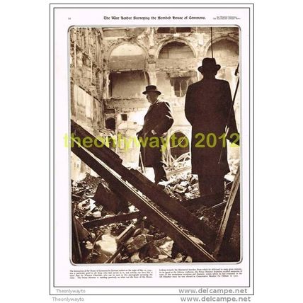 CHURCHILL, WAR LEADER AT BOMBED HOUSE OF COMMONS, BOOK ILLUSTRATION, 1954
