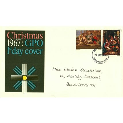1967 Christmas, 3d, 1/6d, Bournemouth Postmark, UK, GPO FDC