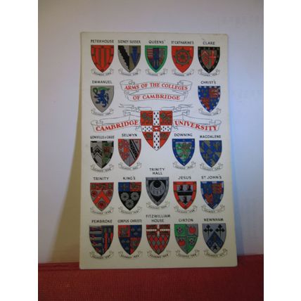 ARMS OF THE UNIVERSITY COLLEGES, CAMBRIDGE unused postcard by A. Savage Oxford =