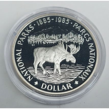 1985 ROYAL CANADIAN 100TH ANNIVERSARY NATIONAL PARKS MOOSE SILVER PROOF DOLLAR