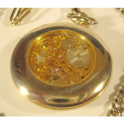 Vintage Germany Watch = Garde Ruhla = Skeleton Pocket Watch Gold Tone 1970's